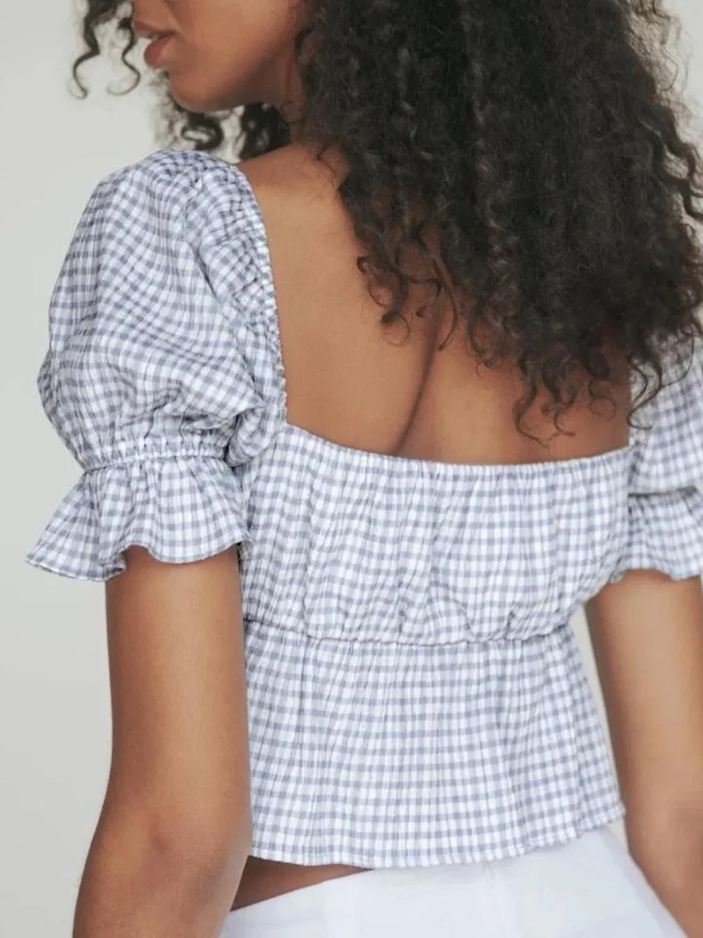 Reformation Lena Gingham Tie Front Puff Sleeve Top in Blue/White - 4